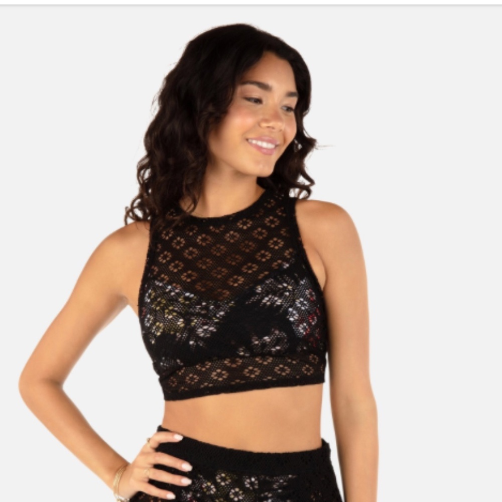 NWT Women's Summer Crochet Tie Back Top in Black,